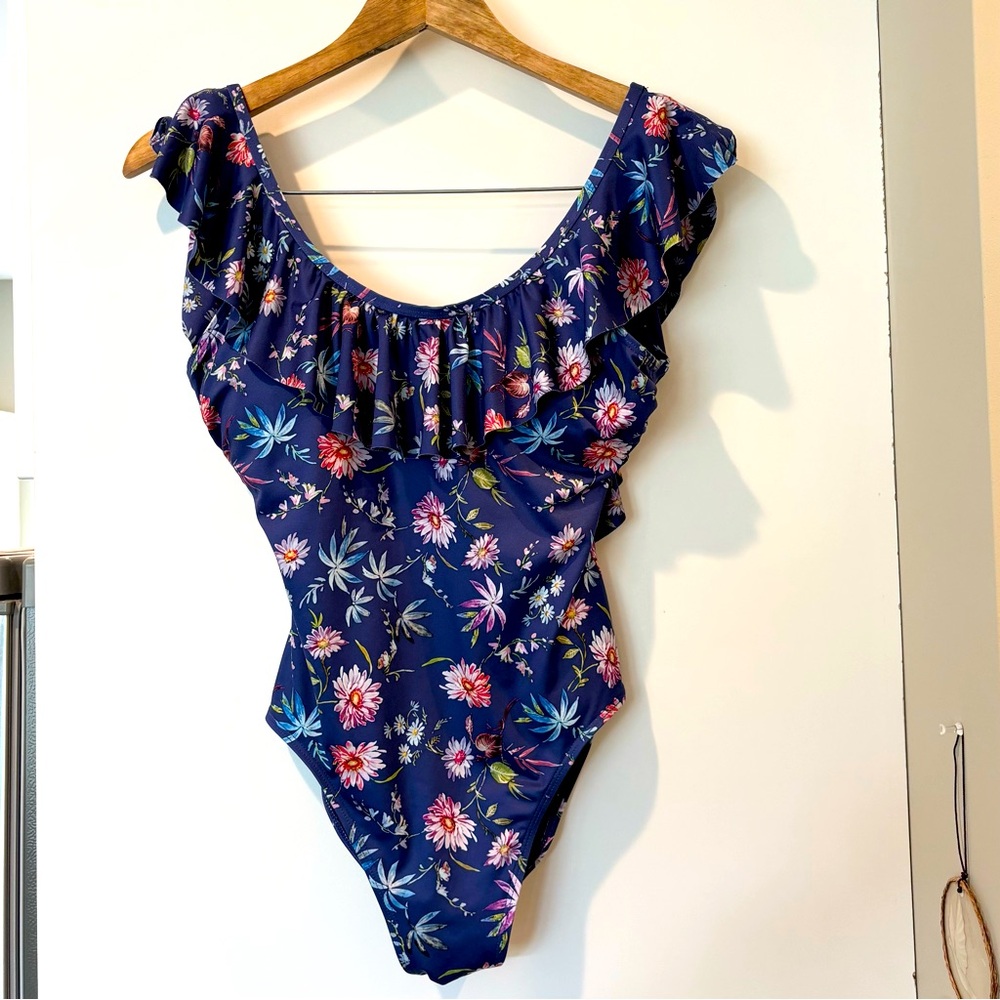 Aqua Rose floral one piece bathing suit with ruffle neckline size S NWT!
